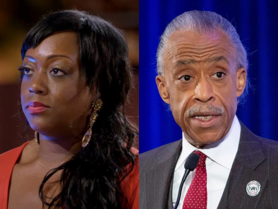 left; dominique sharpton, a woman with black hair pulled into a ponytail and lipstick; right: al sharpton, in a suit and speaking at a podium
