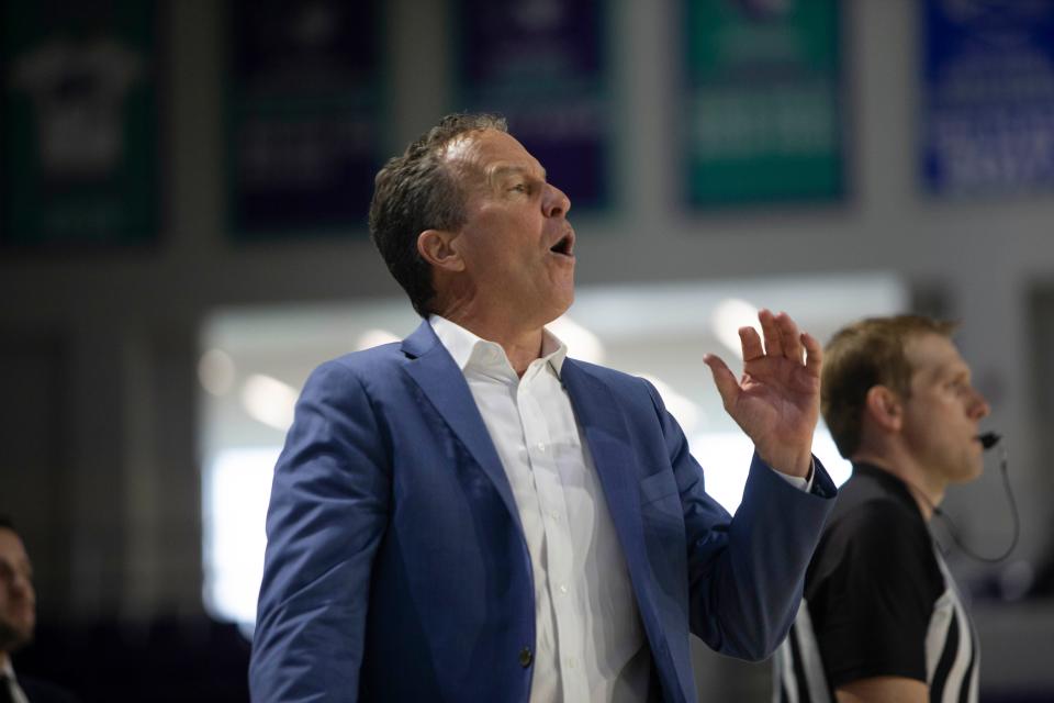 Montverde Academy's head coach Kevin Boyle reacts during the second half of the GEICO Nationals semifinal between Montverde Academy and IMG Academy, Friday, April 1, 2022, at Suncoast Credit Union Arena in Fort Myers, Fla.Montverde Academy defeated IMG Academy 62-57.