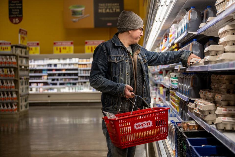 AUSTIN, TX - FEBRUARY 8: A customer buys eggs at a HEB grocery store on February 8, 2023 in Austin, Texas.  According to data from Urner Barry, wholesale egg prices have begun to decline by more than 50% from their record highs in December.  (Photo by Brandon Bell/Getty Images) ORG XMIT: 775938581 ORIG FILE ID: 1464257767