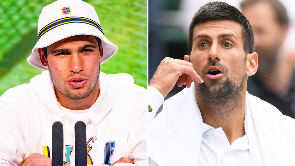 Pictured left to right, tennis stars Carlos Alcaraz and Novak Djokovic.