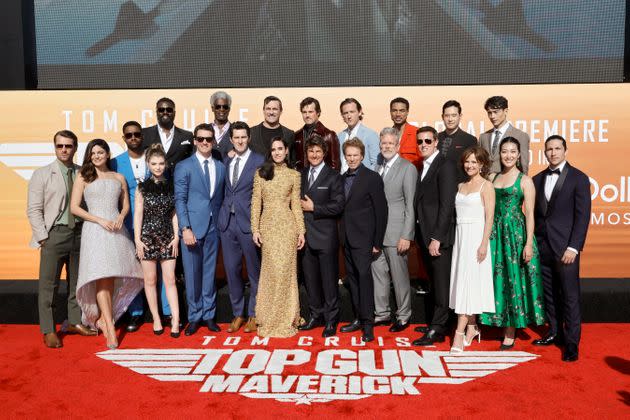 (L-R) Glen Powell, Monica Barbaro, Jay Ellis, Bashir Salahuddin, Lyliana Wray, Miles Teller, Charles Parnell, Joseph Kosinski, Jon Hamm, Jennifer Connelly, Jake Picking, Tom Cruise, Lewis Pullman, Jerry Bruckheimer, Christopher McQuarrie, Greg Tarzan Davis, David Ellison, Raymond Lee, Jean Louisa Kelly, Manny Jacinto, Kara Wang and Danny Ramirez attend the Global Premiere of 