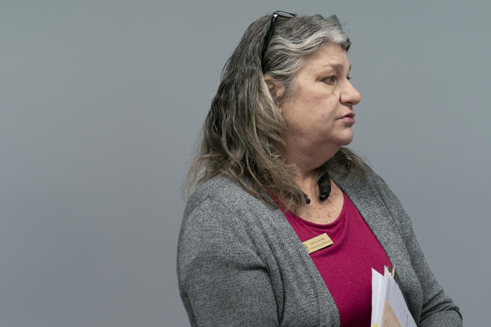 Sumner County Administrator of Elections Lori Atchley presents her department's proposed budget during a county commission budget committee meeting on Thursday, May 4, 2023, in Gallatin, Tenn. (AP Photo/George Walker IV)