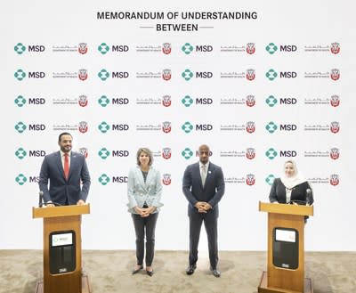 From right to left: Dr. Asma Al Mannaei, Executive Director, Research and Innovation Centre at the Department of Health – Abu Dhabi (DoH), HE Abdulla bin Mohammed Al Hamed, Chairman of the Department of Health – Abu Dhabi (DoH), Laurel Vogelsang, Global Public Policy – International Government Affairs, MSD, Ashraf Mallak, Managing Director for MSD in the GCC