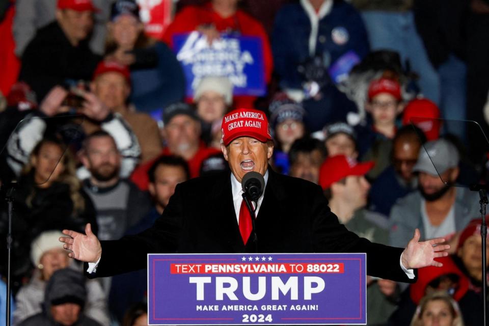 PHOTO: Former President Donald Trump speaks during a campaign rally in Schnecksville, PA, April 13, 2024.  (Evelyn Hockstein/Reuters)