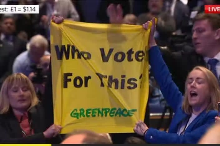 Greenpeace protest during the PM’s speech (SKY)