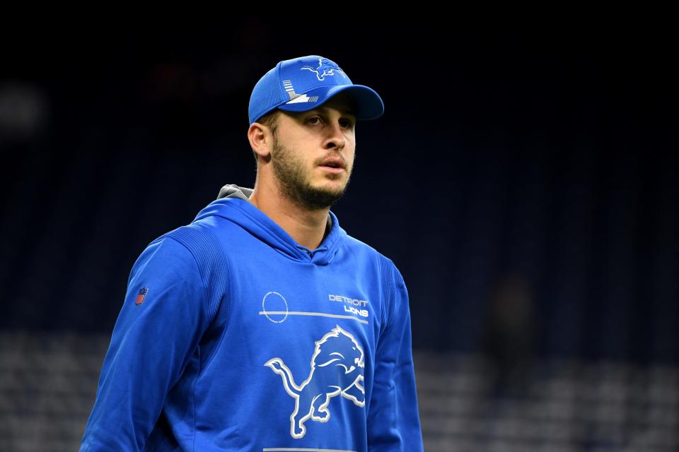 Detroit Lions QB Jared Goff during pregame warmups prior to playing the Chicago Bears at Ford Field on Nov. 25, 2021.