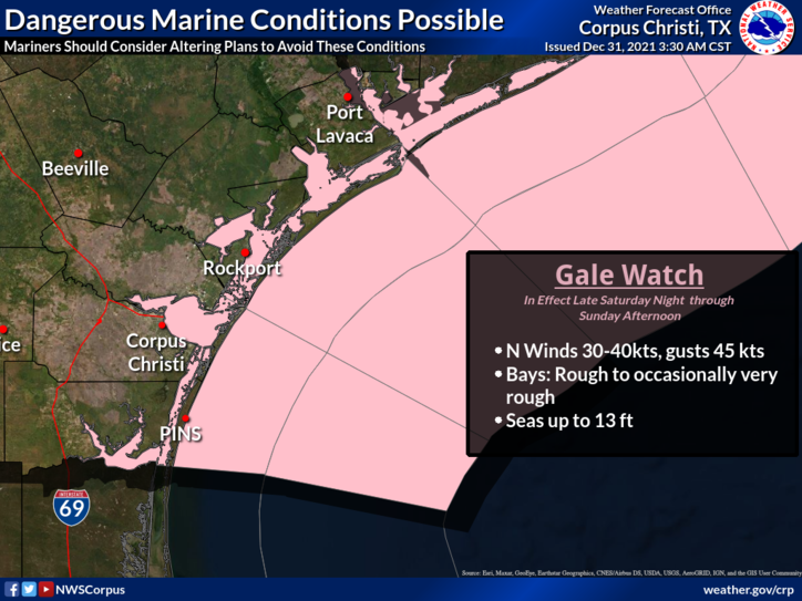 A Gale Watch will be in effect Saturday night through Sunday afternoon, according to the National Weather Service in Corpus Christi.