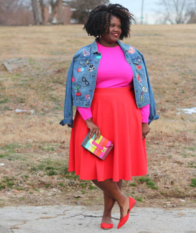 denim and red outfits