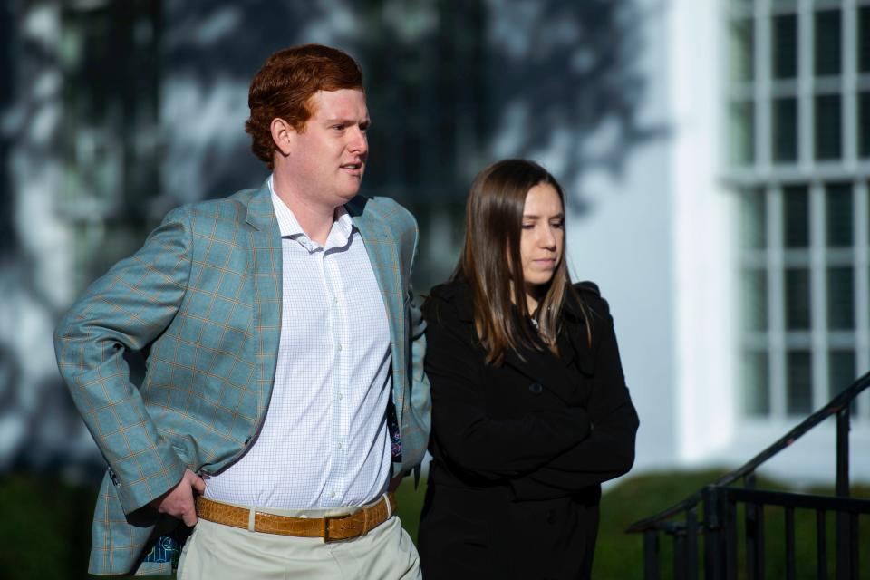 Alex Murdaugh's son Buster Murdaugh and girlfriend, Brooklynn White, arrive at the Colleton County Courthouse before day four of his double murder trail on Thursday, Jan. 26, 2023.