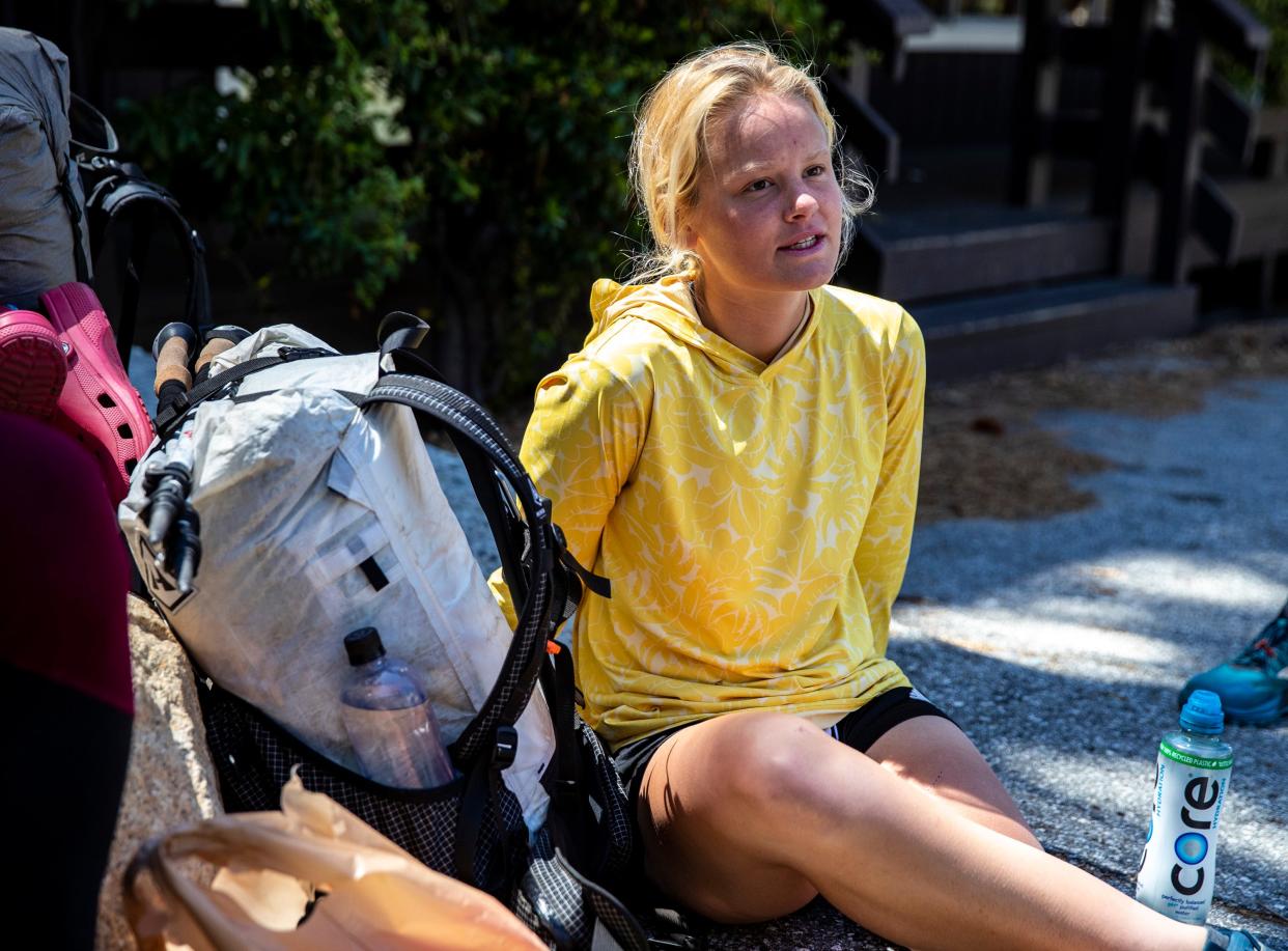 PCT hiker Megan "Bag" Swinney talks about her hiking experiences on the Pacific Crest Trail and other trails she's done while taking a day to rest in Idyllwild, Calif., Thursday, May 11, 2023. 