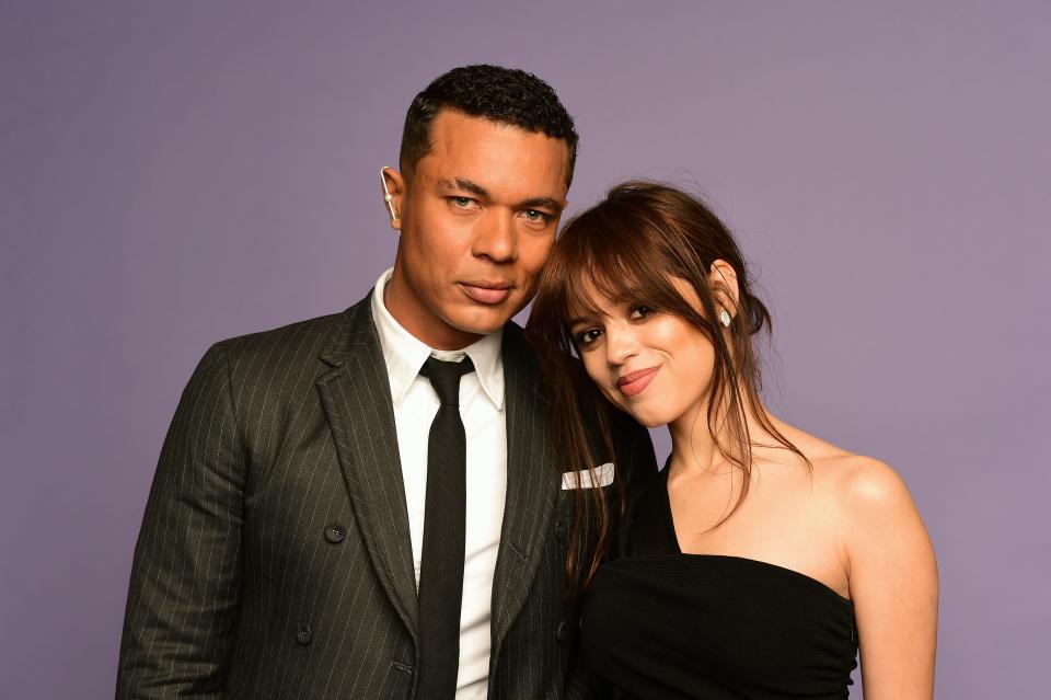 Ismael Cruz Córdova and Jenna Ortega pose in the IMDb exclusive portrait studio at the Critics Choice Association 2nd Annual Celebration of Latino Cinema & Television at Fairmont Century Plaza on November 13, 2022 in Los Angeles, California.