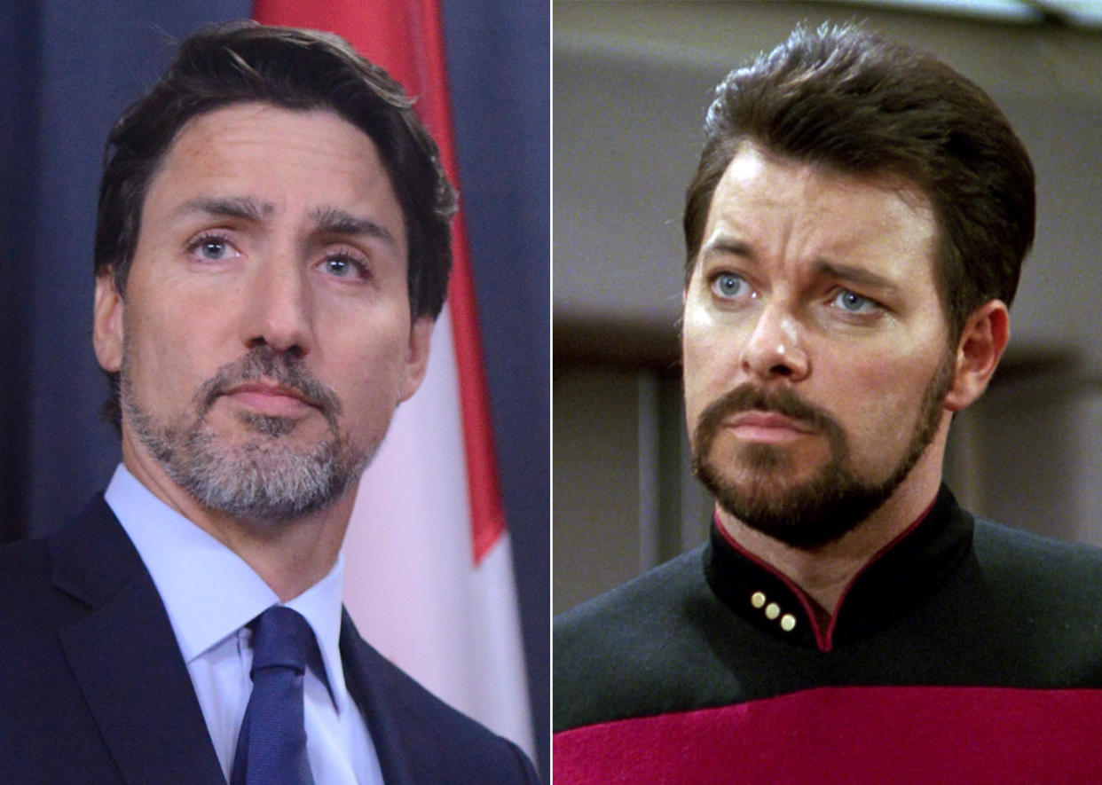 Composite image of Justin Trudeau and Jonathan Frakes as William Riker in Star Trek: The Next Generation (The Canadian Press/CBS via Getty Images)