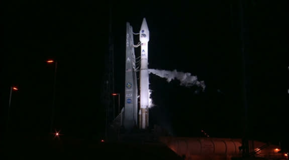 A United Launch Alliance Atlas 5 rocket stands poised to launch NASA's Radiation Belt Storm Probes mission into orbit early on Aug. 25, 2012, from Cape Canaveral Air Force Station in Florida in this still from a NASA video. The launch was delay