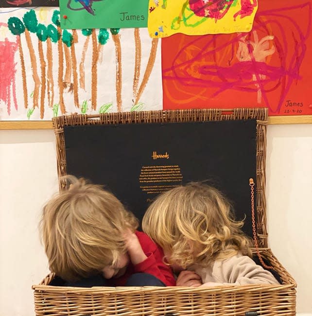 a photo of two little boys hiding in a picnic basket