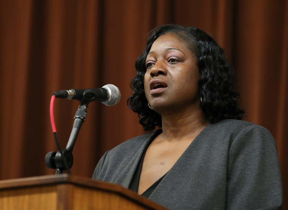 Executive Editor Mary Irby-Jones speaks during The Courier Journal reading event at Louisville Free Public Library.