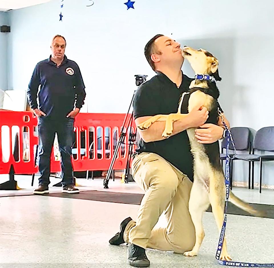 Jared Bertagnolli of Pueblo reunites with Racha at the Paws of War headquarters on April 11, 2024. Paws of War obtained Racha from an overseas U.S. military base in Eastern Europe where Bertagnolli rescued her during his deployment with the U.S. Army.