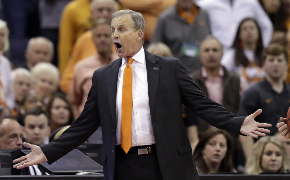 Tennessee head coach Rick Barnes reacts in the second half against Iowa during a second-round men's college basketball game in the NCAA Tournament in Columbus, Ohio, Sunday, March 24, 2019. (AP Photo/Tony Dejak)