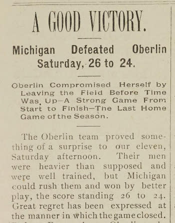 A close-up of the lead article with the headline reading "A Good victory" and a subheadline of "Michigan defeated Oberlin Saturday, 26 to 24."