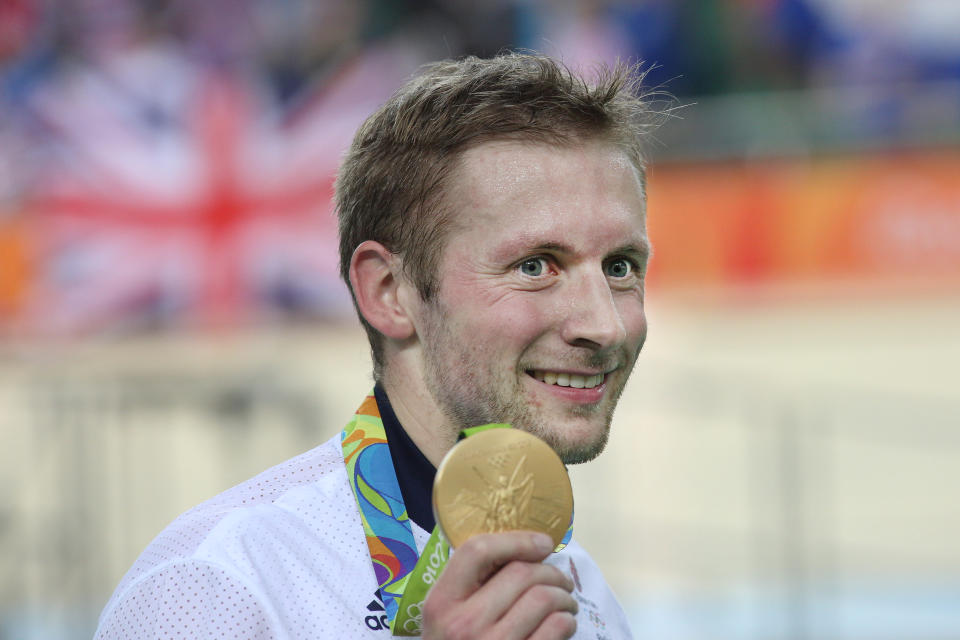 Track Cycling - Olympics: Day 11  Jason Kenny of Great Britain on the podium after his gold medal ride in the Men's Keirin during the track cycling competition at the Rio Olympic Velodrome August 16, 2016 in Rio de Janeiro, Brazil. (Photo by Tim Clayton/Corbis via Getty Images)