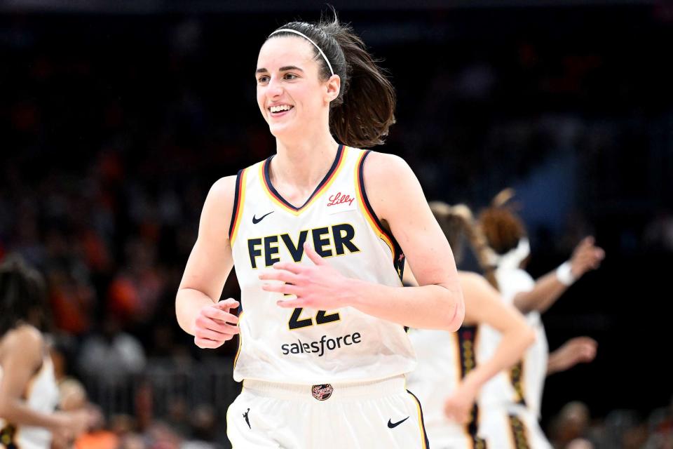 <p>G Fiume/Getty </p> Caitlin Clark #22 of the Indiana Fever