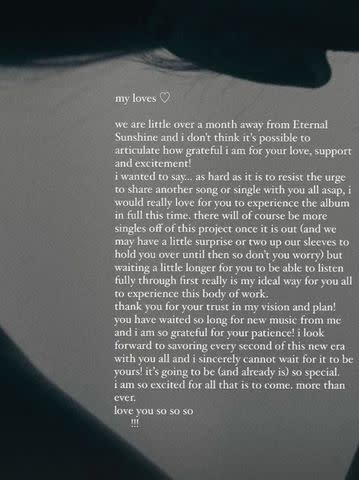 <p>Ariana Grande/Instagram</p> Ariana Grande's update to fans about 'Eternal Sunshine' on her Instagram Story