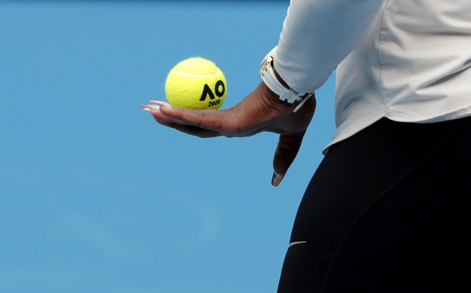 United States' Serena Williams prepares to serve during a practice session ahead of the Australian Open tennis championship in Melbourne, Australia, Friday, Jan. 17, 2020. (AP Photo/Lee Jin-man)