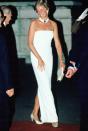 <p>The Princess wore a strapless white gown by Catherine Walker with statement jewelry while attending a state banquet during an official visit to Hungary. </p>