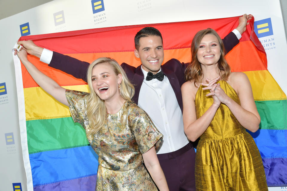 LOS ANGELES, CALIFORNIA - MARCH 30: AJ Michalka, Raymond Braun and Aly Michalka attend the Human Rights Campaign 2019 Los Angeles Dinner at JW Marriott Los Angeles at L.A. LIVE on March 30, 2019 in Los Angeles, California. (Photo by Amy Sussman/Getty Images)