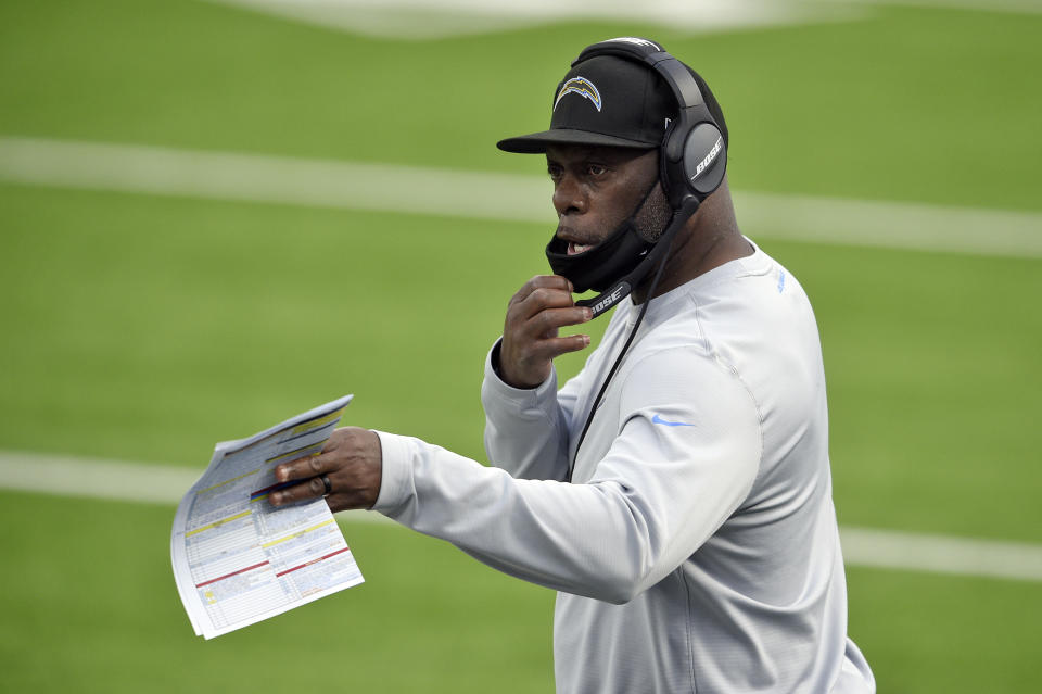 Los Angeles Chargers head coach Anthony Lynn gives out instructions from the sideline during the first half of an NFL football game against the New England Patriots Sunday, Dec. 6, 2020, in Inglewood, Calif. (AP Photo/Kelvin Kuo )