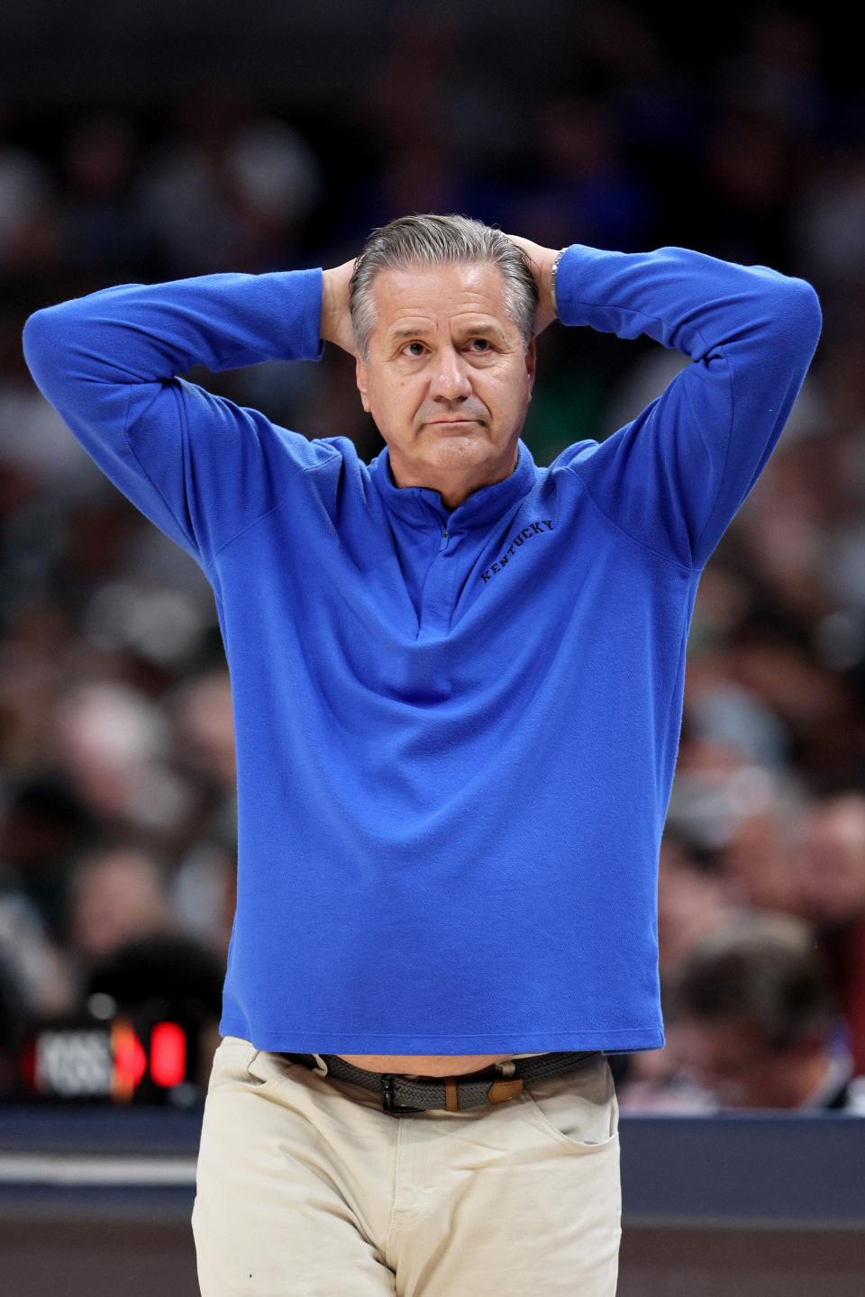 Head coach John Calipari of the Kentucky Wildcats reacts after a play during the second half during the Champions Classic at Gainbridge Fieldhouse on November 15, 2022 in Indianapolis, Indiana.