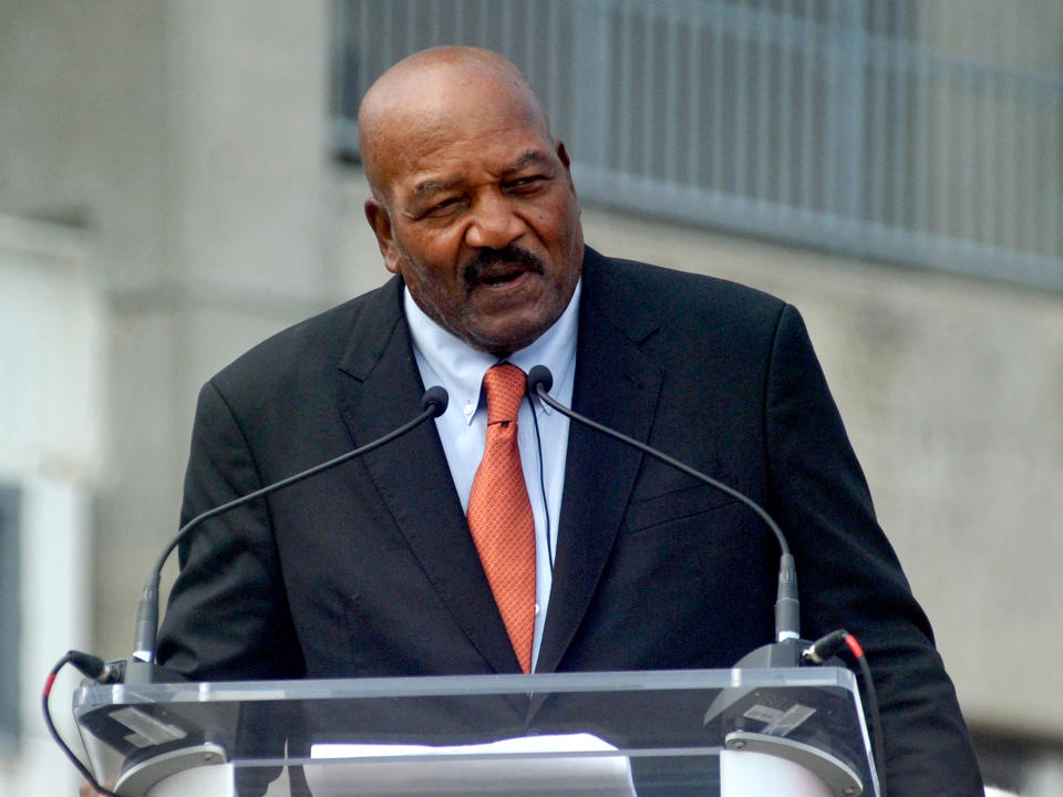 CLEVELAND, OH - SEPTEMBER 18, 2016: Hall of Fame fullback Jim Brown speaks during the unveiling of his statue outside FirstEnergy Stadium prior to game the Baltimore Ravens and Cleveland Browns on September 18, 2016 at FirstEnergy Stadium in Cleveland, Ohio. Baltimore won 25-20. (Photo by Nick Cammett/Diamond Images/Getty Images)  