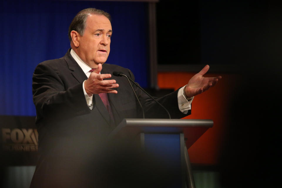 Republican presidential candidate Mike Huckabee participates in the Fox Business Network Republican presidential debate at the North Charleston Coliseum and Performing Arts Center on January 14, 2016 in North Charleston, South Carolina.