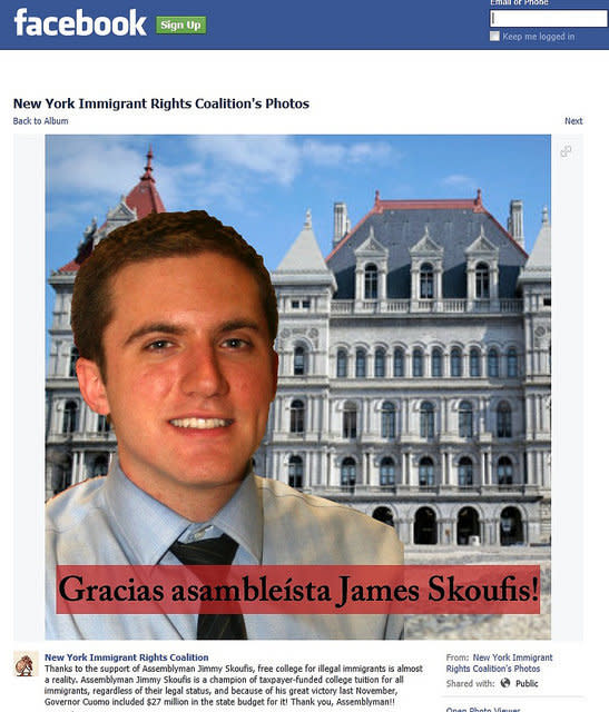 An ad from the Facebook&nbsp;page for "New York Immigrant Rights Coalition" targeted New York Assemblyman James Skoufis. (Photo: <a href="https://www.flickr.com/photos/61923834@N02/16308859740/" target="_blank">Nick Reisman/Flickr.com</a>)
