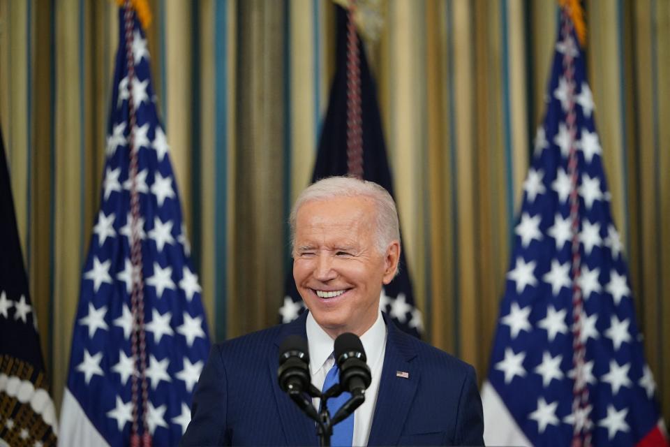 President Joe Biden speaks during a Nov. 9 press conference in the White House's State Dining Room a day after the midterm elections, with Democrats exceeding expectations.