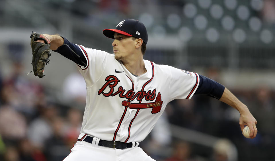 Atlanta Braves pitcher Max Fried works against the Toronto Blue Jays during the first inning of a baseball game Wednesday, May 12, 2021, in Atlanta. (AP Photo/Ben Margot)