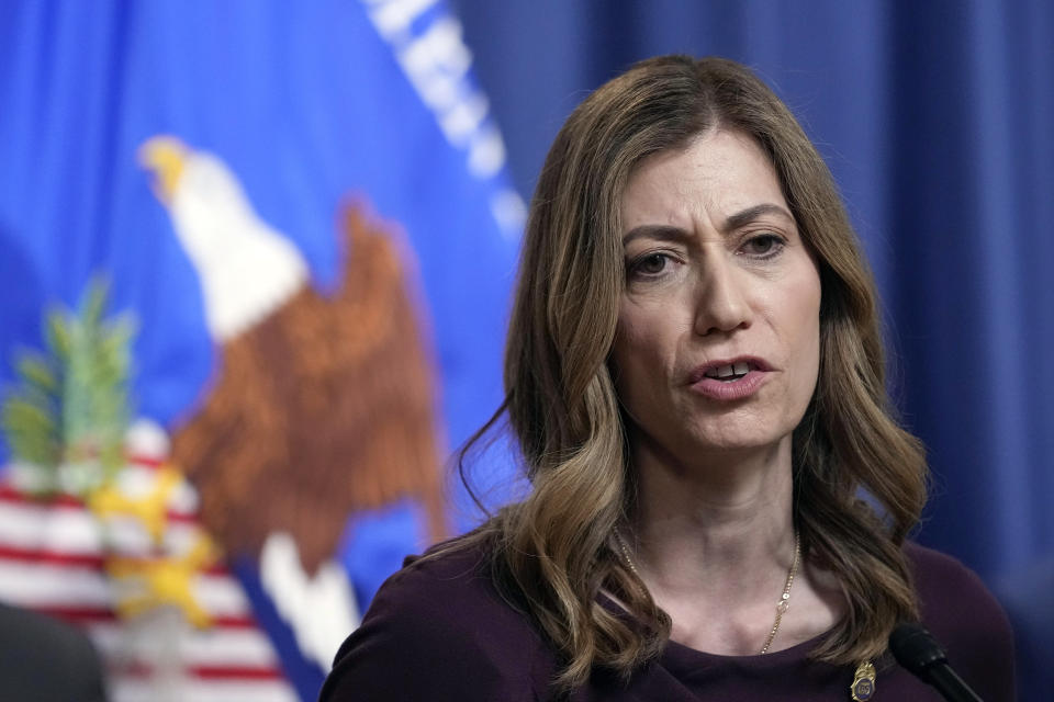 DEA Administrator Anne Milgram speaks during a news conference at the Justice Department in Washington, Friday, April 14, 2023. The Justice Department has charged 28 members of Mexico’s powerful Sinaloa cartel, including sons of notorious drug lord Joaquin “El Chapo” Guzman, in a sprawling fentanyl-trafficking investigation. (AP Photo/Susan Walsh)