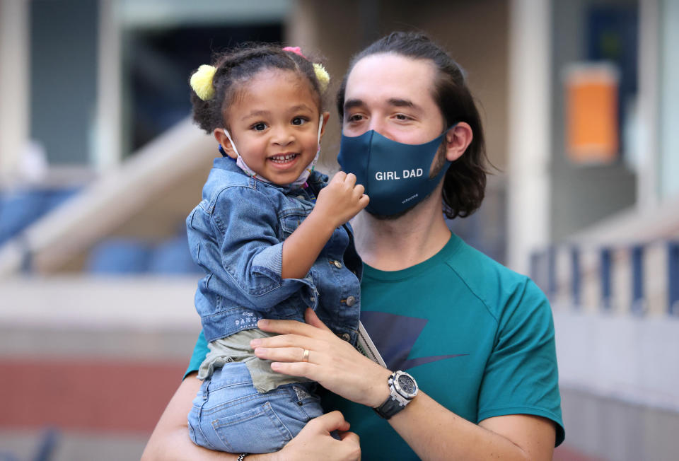 NEW YORK, NEW YORK - SEPTEMBER 05: Alexis Ohanian and Alexis Olympia Ohanian Jr., husband and daughter of Serena Williams ,, attend the Women’s Singles third round match between Serena Williams of the United States and Sloane Stephens of the United States on Day Six of the 2020 US Open at USTA Billie Jean King National Tennis Center on September 05, 2020 in the Queens borough of New York City. (Photo by Al Bello/Getty Images)