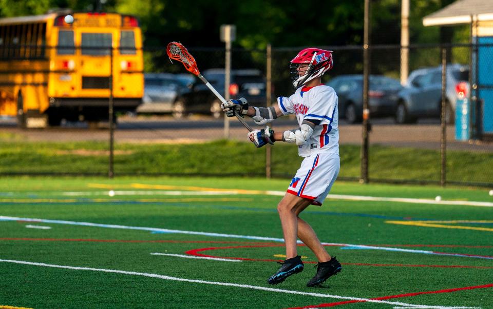 Neshaminy's Colin Demi (1) against Central Bucks South during their boys' lacrosse game in Langhorne on Thursday, May 2, 2024.