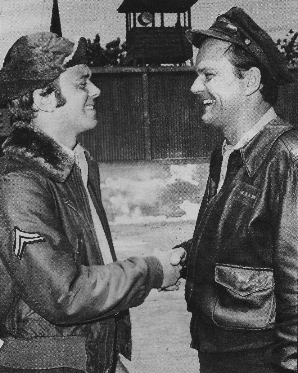 Robert Crane visits his father on the set of "Hogan's Heroes."