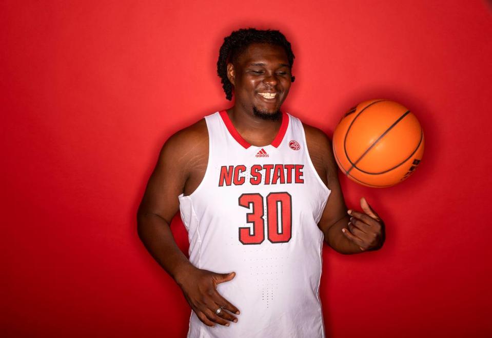 N.C. State’s D.J. Burns poses for a portrait during the Wolfpack men’s basketball media day on Thursday, Sept. 21, 2023, in Raleigh, N.C. 