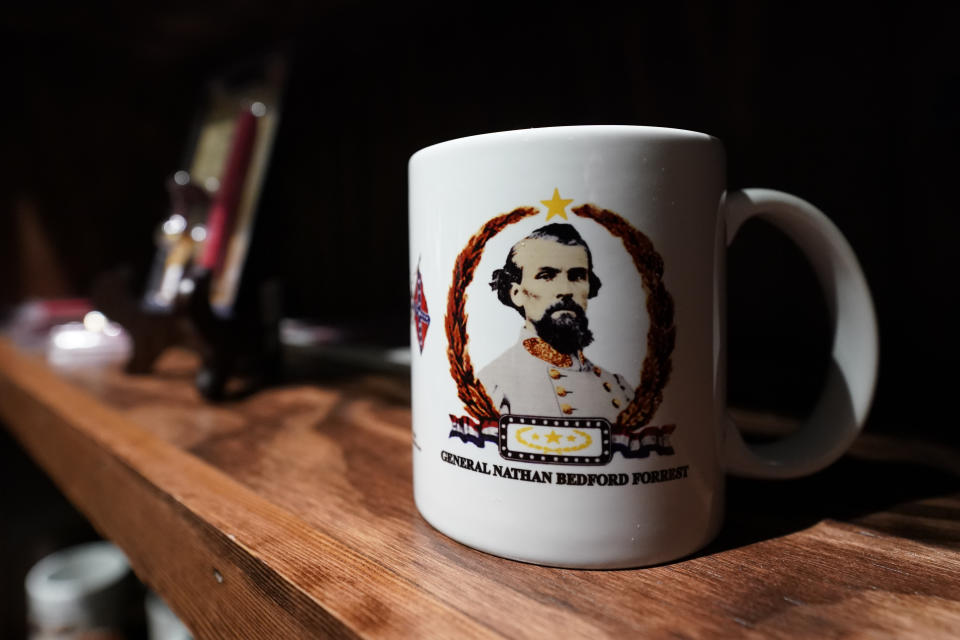 A mug decorated with a portrait of Confederate Gen. Nathan Bedford Forrest is displayed in the souvenir shop at the National Confederate Museum June 6, 2021, in Columbia, Tenn. With the approval of relatives, the remains of Forrest will be moved from Memphis, Tenn., to the museum. (AP Photo/Mark Humphrey)