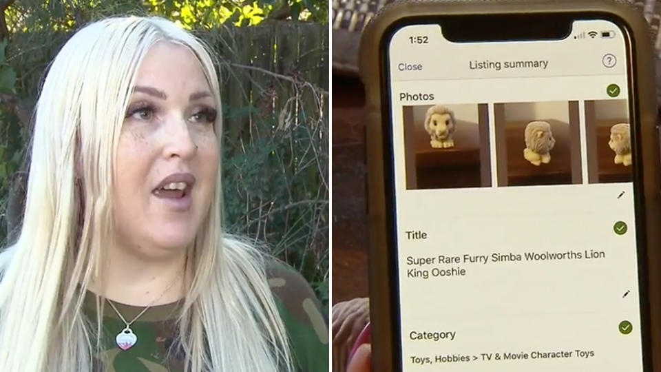 A split image showing Ooshie seller Monique, with a screenshot of her eBay posting.