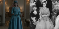 <p>During the buildup to Princess Margaret's wedding, one could have missed the nearly identical recreation of Queen Elizabeth's dress. The monarch is only shown briefly in her cerulean belted dress, which featured a lace bodice and taffeta full skirt.</p><p><strong>RELATED: </strong><a href="https://www.goodhousekeeping.com/life/entertainment/g30472061/princess-margaret-lord-snowdon-relationship-photos/" rel="nofollow noopener" target="_blank" data-ylk="slk:Princess Margaret and Lord Snowdon's Relationship in Photos;elm:context_link;itc:0;sec:content-canvas" class="link ">Princess Margaret and Lord Snowdon's Relationship in Photos</a></p>