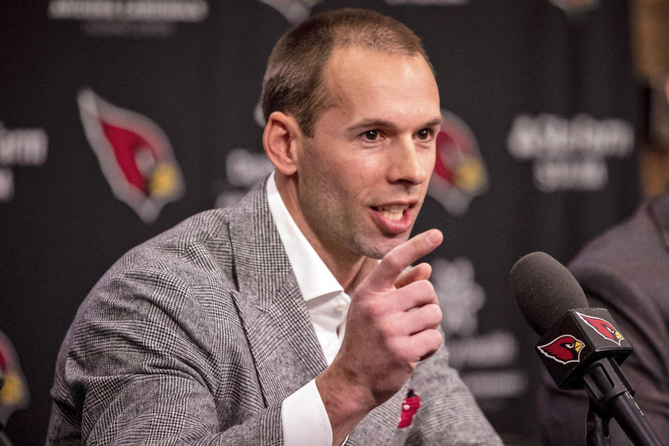 FILE - Arizona Cardinals new head coach Jonathan Gannon speaks during an NFL football press conference, Thursday, Feb. 16, 2023, at the team's training facility in Tempe, Ariz. The Cardinals open their first training camp with new coach Jonathan Gannon. (AP Photo/Alberto Mariani, File)