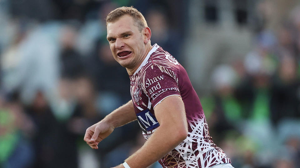 Pictured here, Tom Trbojevic during Manly's big win over Canberra. 