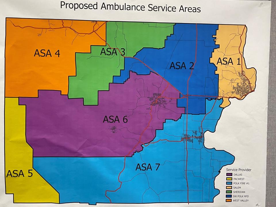 The proposed map for ambulance service area in Polk County that was adopted by the county commissioners on Wednesday. ASA 2 is the area that will be covered by the Southwest Polk County Fire District and ASA 6 is Dallas.