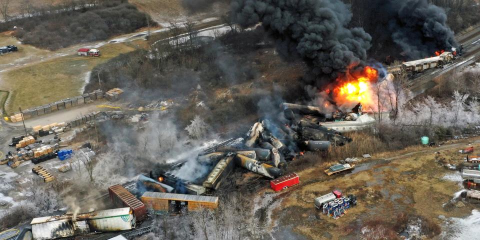 aerial image if derailed train on fire