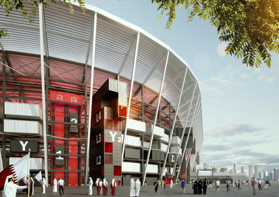 In this undated computer-generated artists impression provided by 2022 Supreme Committee for Delivery and Legacy, the Ras Abu Aboud stadium, a Qatar 2022 World Cup venue to be built in Doha, Qatar. (2022 Supreme Committee for Delivery and Legacy via Getty Images)