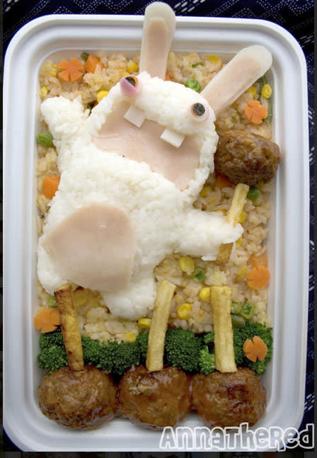 White rice and turkey cold cuts do most of the heavy lifting in this interpretation of a Rayman Raving Rabbid. BWAAAAAA! Image courtesy of <a href="http://www.annathered.com/" rel="nofollow noopener" target="_blank" data-ylk="slk:Anna the Red;elm:context_link;itc:0;sec:content-canvas" class="link ">Anna the Red</a>.