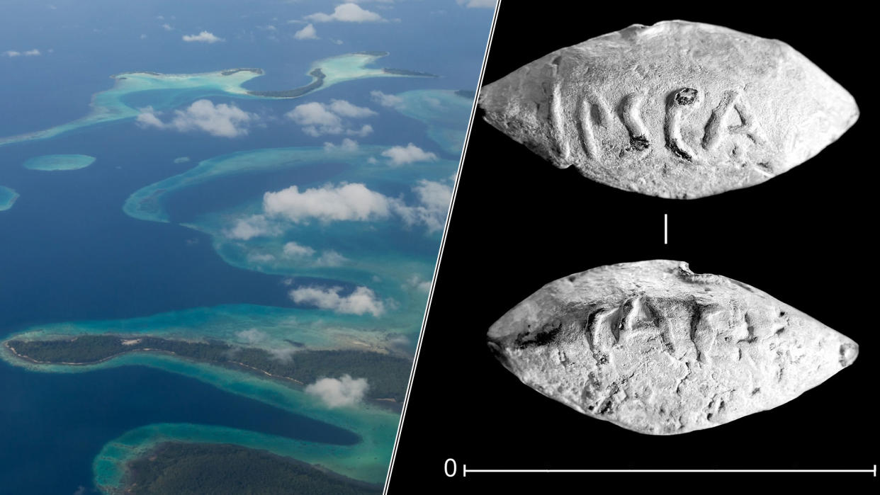  Aerial view photograph of small islands in the Solomon Islands. - A photo of two angles of an inscribed sling bullet found in Spain in 2019. 